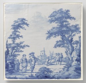 Plato pintado con paisaje con figuras