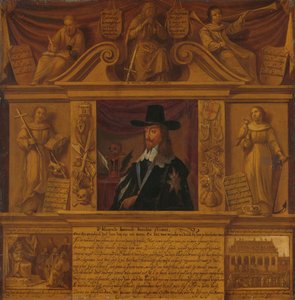 Retrato de Carlos I, rey de Inglaterra, en un marco con figuras alegóricas y representaciones históricas de Anonymous