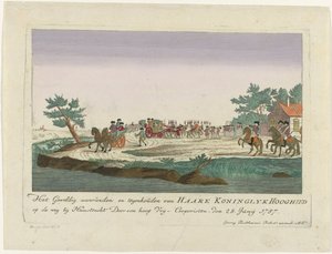 Princesa de Orange celebrada en Goejanverwellesluis, 1787 El gran asalto y detención de Haare Koninglyk Hooghied en la carretera cerca de Haastrecht por parte de Vrij-Corporisten. el 28. junio 1787 (título sobre objeto) Grabados alemanes en color sobre d de Anonymous