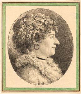Busto de perfil de una mujer con flores en el cabello