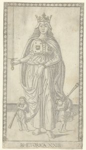 Retórica con espada y dos angelitos con trompetas Retórica (título sobre objeto) Tarocchi (antiguo título de la serie) de Anonymous
