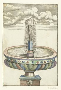 Lavabo redondo sobre pedestal con cabeza de león Architectura Curiosa Nova (título de la serie)