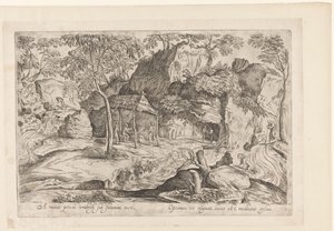 Rotsachtig landschap met dak op palen en rechts leeuw Lejos del mundo, protegido bajo un techo de paja, / El mejor lugar para prosperar es una meditación selvática (título sobre el objeto) Landschappen naar Domenico Campagnola (título de la serie) de Anonymous