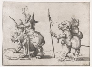 Jinete sobre un monstruo parecido a un elefante Figuras grotescas rodeadas por una línea de encuadre (título de la serie) de Anonymous