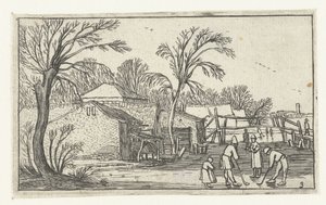 Patinadores y jugadores de petacas en el hielo para granjas. Paisajes después de Esaias van de Velde (título de la serie) de Anonymous