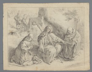 Escena de la vida de un santo con tres monjes, un obispo y dos hombres de Anonymous