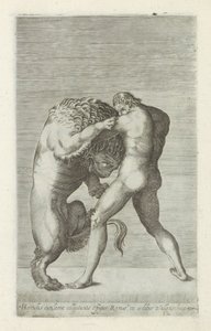 Sculptuur van Hercules in gevecht met de Nemeïsche leeuw Retrato de Hércules con un león derrumbándose en Roma en la casa de los Valla (título sobre objeto) Antieke sculptn en Roma (título de la serie) Las estatuas antiguas de la ciudad de Roma que se ven  de Anonymous