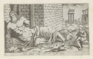 Escultura van Marforio Júpiter panarius comúnmente conocido como Marphorius en el mercado de ganado (título sobre el objeto) Antieke sculptn en Roma (título de la serie) Los íconos de las estatuas antiguas de la ciudad de Roma que se ven en lugares público