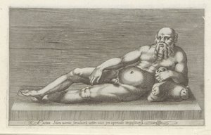 Sculptuur van Silenus La estatua de Eneas Silenus, la imagen caída de un jarrón viejo colocada sobre una tapa (título sobre el objeto) Antieke sculptn en Roma (título de la serie) Los íconos de las estatuas antiguas de la ciudad de Roma que se ven en lugar