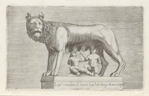 Sculptuur van de Lupa Capitolina die de tweeling Romulus y Remus zoogt Rómulo y Remo chupan la imagen de Roma de Lupa en el capítulo (título del objeto) Antieke sculptn en Roma (título de la serie) Las estatuas antiguas de la ciudad de Roma que se ven en l