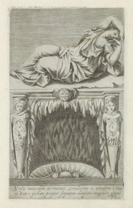 Sculptuur van de slapende Ariadne boven een schouw Algunos imaginan la imagen de cierta Ninfae durmiendo en un verde Vaticano en Roma por la imagen de serpiente de Cleopatra (título sobre objeto) Antieke sculptn en Roma (título de la serie) Antiguas estatu de Anonymous
