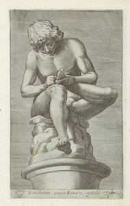Sculptuur van een jongen met een doorn in de voet Espinario Una estatua de bronce de Roma en el capitolio (título sobre objeto) Antieke sculptn en Roma (título de la serie) Los íconos de las estatuas antiguas de la ciudad de Roma que se ven en lugares públ