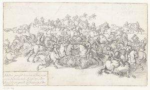 Batalla de Gourmet, 1600 Batalla sangrienta entre 22 Francoian y 22 Netherlandish Ruyteren bajo Breaut y Gerard Leckerbeetge Ao. 1600 (título sobre el objeto) de Anonymous