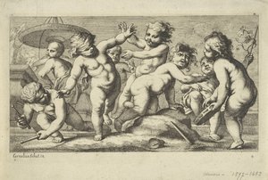 Putti jugando junto a una fuente Playing putti (título de la serie) de Anonymous