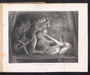 Caricatura en el almanaque estudiantil de Leiden, 1844 Noche antes del examen (título en objeto) de Anonymous