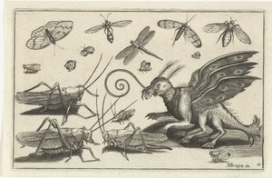 Saltamontes y criatura de fantasía con alas y patas palmeadas. Pájaros e insectos (título de la serie)