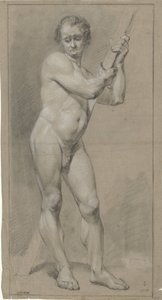Hombre desnudo de pie, mirando hacia abajo, con las manos en una viga de madera de Anonymous