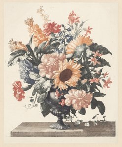Jarrón de piedra con, entre otras cosas, girasoles y claveles. de Anonymous