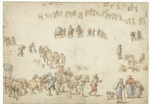 Hoja de estudio con carros de labranza, ganado, campesinos y jinetes de Anonymous