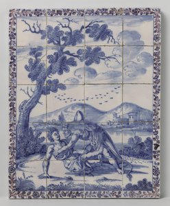 Panel de azulejos con paisaje azul con escena mitológica: Hércules y Aqueloos de Anonymous