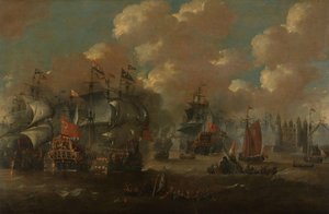 La batalla del estrecho con el Eendracht enfrentándose a dos barcos de guerra suecos, 1658 de Anonymous