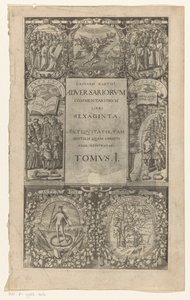 Título rodeado de siete cartelas
Adversariorum commentariorum, libri sexaginta, Tomus I (título en el objeto)
Portada de: Caspar von Barth, Adversariorum commentariorum libri LX, 1624 de Anonymous
