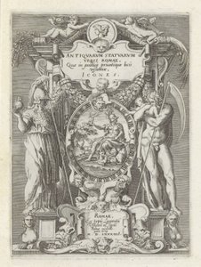 Titelprent conoció a Roma, Minerva en Saturnus Antieke sculptn en Roma (título de la serie) íconos de estatuas antiguas de la ciudad de Roma que se ven en lugares públicos (título de la serie sobre el objeto) de Anonymous