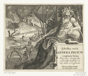 Impresión con el título y el dios del río con tridente y red de pesca en un paisaje con pescadores
Libelivs varia Genera piscium complectens (título de la serie)
Peces de agua dulce, peces de mar, ranas, crustáceos y criaturas marinas (título de la serie de Anonymous