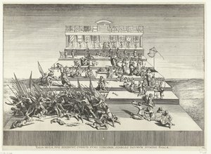 Toneelvoortelling over oorlog en vrede; intocht van Ferdinand te Gent en 1635 (n.º 42) Esos siglos, se dijeron a sí mismos, corren, husos en armonía, estables, perdonados por el dios del destino (título sobre el objeto) Teatro Genethliacon de Carlos V