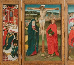 Tríptico con la Crucifixión
Tríptico con la Crucifixión (panel central), la Misa de San Gregorio (ala interior izquierda), San Cristóbal (ala interior derecha) y la proclamación a María (alas exteriores) de Anonymous