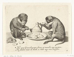 Dos monos comen ostras Varias empresas de la vida humana presentadas por simios (título de la serie) ¿Qué es lo que me ve en este mundo? / Es un juego de Aape, y no de otro modo (título de la serie) de Anonymous
