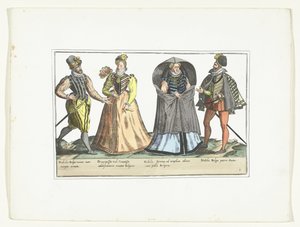Dos hombres y dos mujeres vestidos según la moda holandesa, hacia 1580 Costumes civils des Pays-Bas (título sobre el objeto) de Anonymous