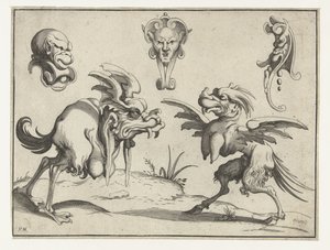 Dos monstruos con tres máscaras encima de ellos. Figuras grotescas rodeadas por una línea de encuadre (título de la serie) de Anonymous