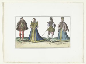 Dos mujeres y dos hombres vestidos según la moda en Renania del Norte-Westfalia y Flandes, hacia 1580 Vestuario Bas-Allemands et Flamands (título sobre el objeto) de Anonymous