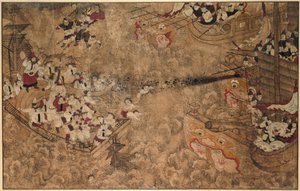 Dos barcos holandeses desarmados bajo el ataque de tres barcos chinos armados con cañones De una serie de pinturas sobre los milagros realizados por Mazu (título de la serie) de Anonymous