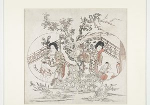 Estampa que consta de dos partes, que representa: a la izquierda el verano con iris y malus y a la derecha el invierno con narciso y prunus (estampado de Año Nuevo) de Anonymous