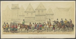 Mascarada de Utrecht, placa d: la corte, 1856 La corte de Guillermo I (título sobre el objeto) Los Fundadores de la Libertad Holandesa, (época de Guillermo I) presentados por S.H. miembros del cuerpo estudiantil de Utrecht, en celebración del 220 aniversar de Anonymous