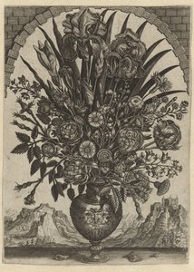 Jarrón de flores en una ventana arqueada de Anonymous