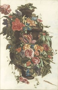 Jarrón rodeado de guirnalda floral