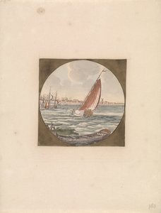 Velero de vela en el mar y una balandra en primer plano Barcos en el mar (serie B) (título de la serie) de Anonymous
