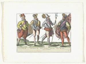 Cuatro soldados españoles en uniforme, c.1580 Trajes militares españoles (título sobre objeto) de Anonymous