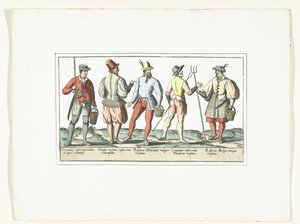 Cuatro campesinos vestidos a la moda actual y uno a la antigua, hacia 1580 Modes Rusticiques (título sobre objeto)