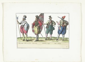 Cuatro soldados con uniformes según la moda en los Países Bajos e Inglaterra, hacia 1580 Costumes Militaires des Pays-Bas (título sobre el objeto) de Anonymous