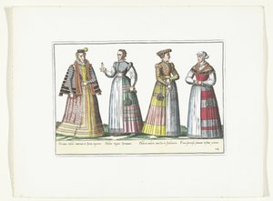 Cuatro mujeres vestidas a la moda alemana, hacia 1580 Vestuario Allemands (título sobre objeto) de Anonymous