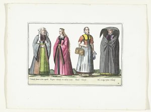 Cuatro mujeres vestidas a la moda alemana, hacia 1580 Vestuario Allemands (título sobre objeto) de Anonymous