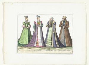 Cuatro mujeres vestidas a la moda alemana en Augsburgo, hacia 1580 Vestuario Allemands (título sobre objeto) de Anonymous