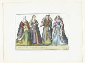 Cuatro mujeres vestidas a la moda italiana, hacia 1580 Disfraces italianos (título sobre el objeto) de Anonymous