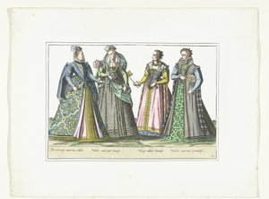 Cuatro mujeres vestidas a la moda italiana, hacia 1580 Disfraces italianos (título sobre el objeto) de Anonymous