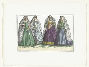 Cuatro mujeres vestidas a la moda romana, hacia 1580 Disfraces italianos (título sobre el objeto) de Anonymous