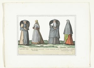 Cuatro mujeres vestidas a la moda en Amberes, Brabante y 